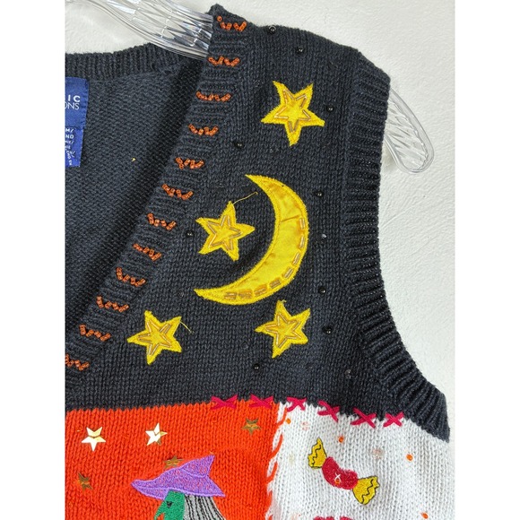 Vintage Halloween Sweater Vest Medium Black Orange Patchwork Beaded Witch - Picture 7 of 10